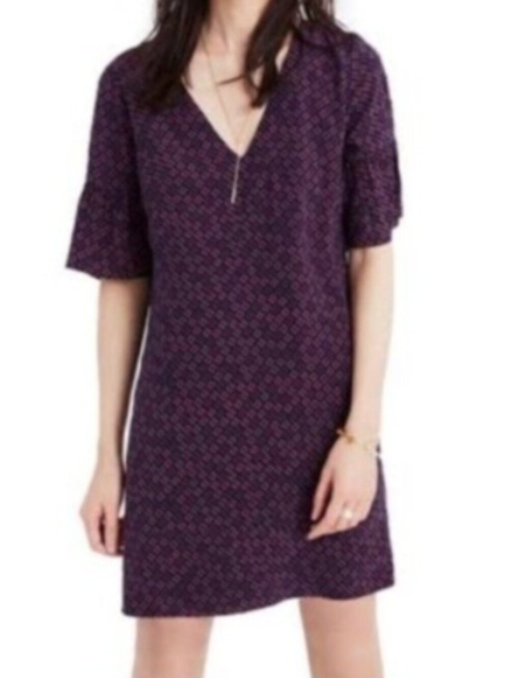 Madewell Silk Bell-Sleeve Shift Mini Dress, Tile Art Print - Womens 6